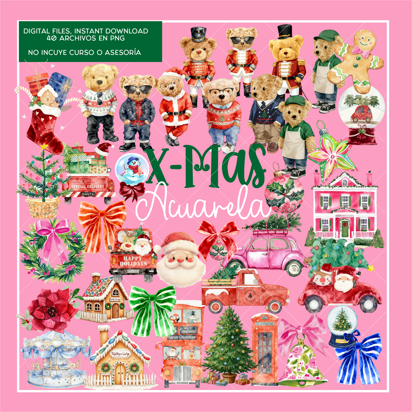 Clipart Watercolor: Xmas 2025 Teddys (Acuarela)