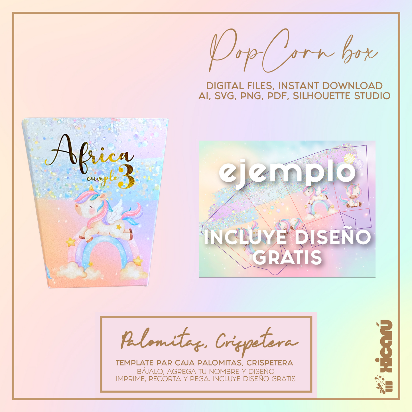 Template: POPCORN box, Caja para palomitas, Caja crispetera